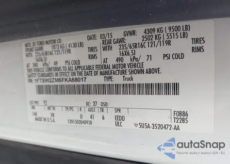 2015 Ford Transit-350 z USA, uszkodzony, nr VIN 1FTSW2ZM6FKA68017